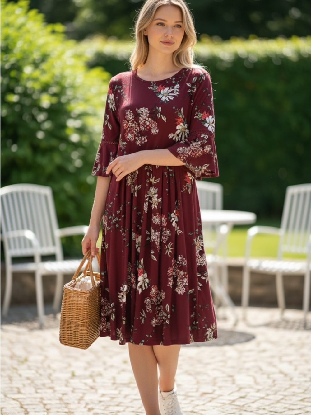 Women's Burgundy Floral Midi Dress with Flutter Sleeves